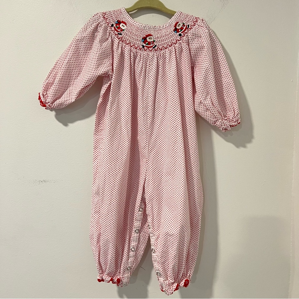 Marie Nicole Smocked Santa Christmas Romper Red Polka Dot One Piece 12-18M